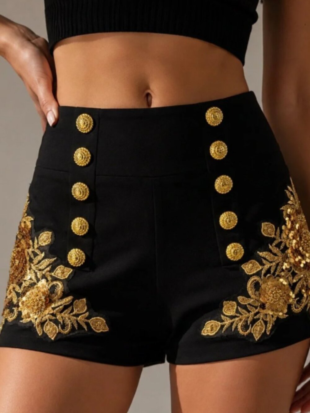 AKIRA Black Gold Sequin Embroidered High Waist Shorts NWT L